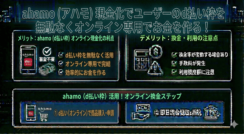 ahamo(アハモ)現金化でユーザーのd払い枠を無駄なくオンライン専用でお金を作る!